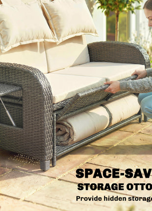 Patio Rattan Daybed, Wicker Outdoor Daybed with Storage Ottoman, Loveseat w/ Adjustable Backrest, Beige