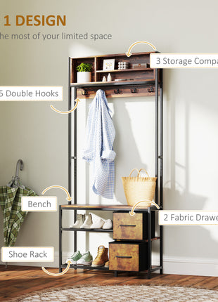 Hall Tree with Bench and Shoe Storage, 5-in-1 Entryway Bench with Coat Rack, 3 Storage Shelves, 2 Fabric Drawers, Brown