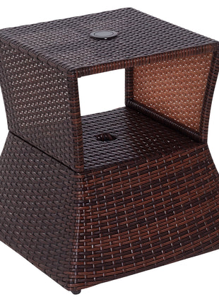 Outdoor Side Table with Umbrella Hole, 2 Tier Rattan Wicker End Table with Storage Shelf, All Weather for Outdoor, Patio, Garden, Backyard, Mixed Brown