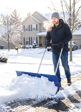 37-Inch Extra Wide Snow Shovel with Wheels, Heavy Duty Aluminum Snow Pusher with Ergonomic Adjustable Handle, Blue