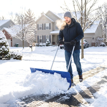37-Inch Extra Wide Snow Shovel with Wheels, Heavy Duty Aluminum Snow Pusher with Ergonomic Adjustable Handle, Blue