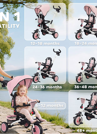 6 in 1 Kids Tricycle with Adjustable Push Handle, Removable Canopy, Reversible Seat, for 1-5 Years, Pink