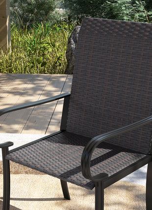 Set of 2 Outdoor Wicker Dining Chairs with Armrest, Steel Frame, High Back and Deep Seating, Brown