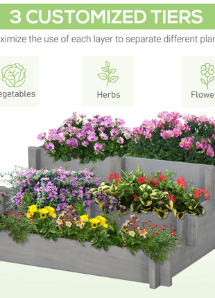 3 Tier Raised Garden Bed, Water Draining Fabric for Soil, Elevated Wood Flower Box for Vegetables, Herbs, Gray