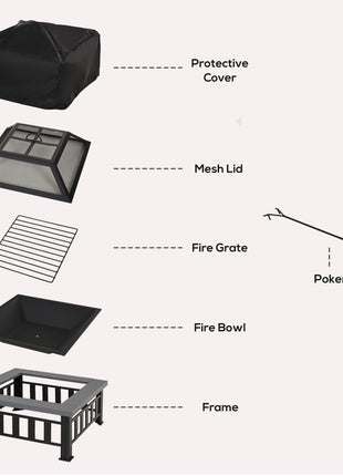 34" Outdoor Fire Pit Square Steel Wood Burning Firepit Bowl with Spark Screen, Waterproof Cover, Log Grate, Poker for Backyard, Camping, BBQ, Bonfire