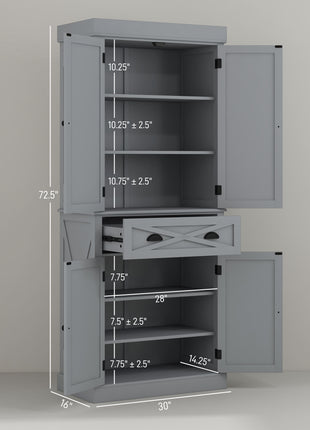 72" Kitchen Cabinet, Pantry Storage Cabinet with 4 Doors and 2 Adjustable Shelves, Large Central Drawer, Gray