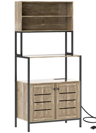 Baker's Rack with Power Outlet and Storage Shelves, Microwave Stand with Louvred Door Cabinets, Gray Wood Grain