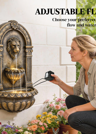 31" Wall-Mounted Outdoor Fountain, 3-Tier Cascading Waterfall Feature with LED Lights and Adjustable Flow, Bronze