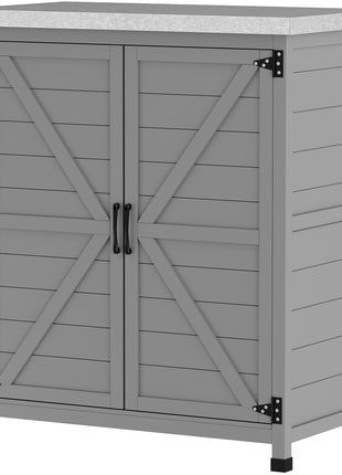 Wooden Storage Cabinet, Outdoor Prep Table with Metal Tabletop, Shelves and Double Doors for Patio, Garden, Gray