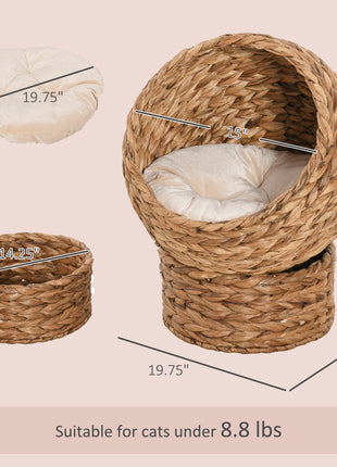 Handwoven Elevated Cat Bed with Soft Cushion & Egg Chair Shape, Basket Bed Kitty House with Stand, Raised Wicker House for Indoor Cats, 23.5" H, Light Brown