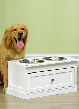 Large Elevated Dog Bowls with Storage Drawer Containing 11L Capacity, Raised Dog Bowl Stand Pet Food Bowl Dog Feeding Station, White