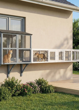 Wooden 98" Cat Tunnel for Outdoor with Combinable Design, 8 Doors, White