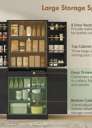 72" Tall Kitchen Pantry Cabinet, Farmhouse Storage Cabinet with 8 Door Racks and Adjustable Shelves, Black