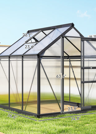 Polycarbonate Greenhouse, Heavy Duty Outdoor Aluminum Walk-in Green House Kit Vent Door, 6.2'x6.2'x6.6' Gray