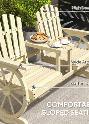 2-Seat Wooden Garden Bench with Table, Umbrella Hole, High Backrest, Armrests for Backyard, Patio, Garden, Natural Wood