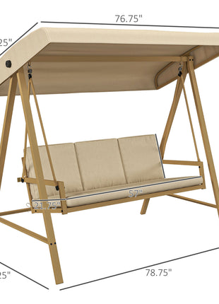 3-Person Patio Swing Chair, Outdoor Porch Swing with Adjustable Canopy, Removable Cushions for Garden, Backyard, Beige