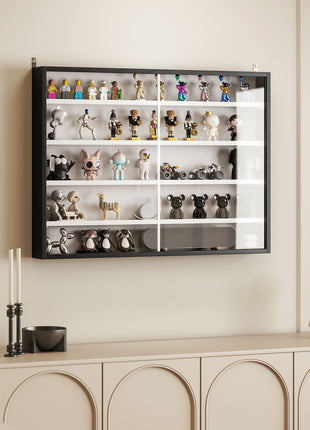 5-Tier Display Cabinet, Wall-Mounted Display Case with 2 Glass Doors and Adjustable Shelves, Black