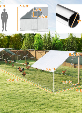 Large Chicken Coop with Waterproof and Anti-UV Cover, Spire Shaped for Outdoor and Yard Farm Use, 39' x 10' x 6.4'
