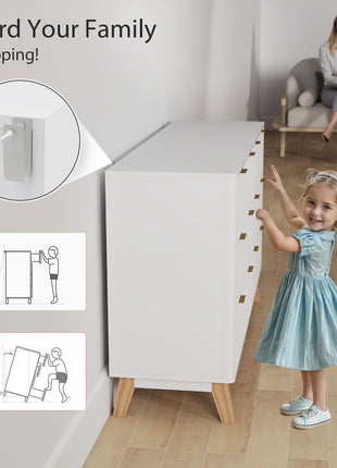 6 Drawer Double Dresser for Bedroom, Fluted Chest of Drawers with Gold Finger Pulls and 5 Wood Legs, White