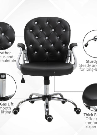 Makeup Vanity Chair, PU Leather Computer Task Chair with Button Tufted, Padded Armrests, Adjustable Height and Swivel Wheels, Black