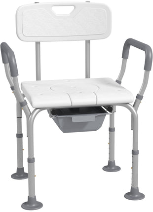 3-in-1 Shower Chair with Back and Arms, Height Adjustable Bedside Commode, Raised Toilet Seat with Non-Slip Rubber Foot Pad for Seniors, Disabled, White