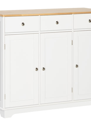 Modern Sideboard with Rubberwood Top, Buffet Cabinet with Storage Cabinets, Drawers and Adjustable Shelves, White