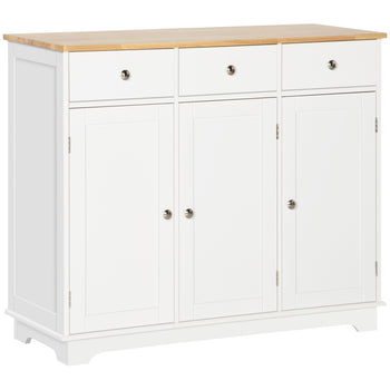Modern Sideboard with Rubberwood Top, Buffet Cabinet with Storage Cabinets, Drawers and Adjustable Shelves, White