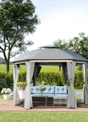 12' x 12' Round Outdoor Gazebo, Patio Dome Gazebo Canopy Shelter with Double Roof, Netting Sidewalls and Curtains, Zippered Doors, Strong Steel Frame, Grey