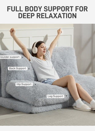 Bean Bag Floor Sofa Bed, Contemporary Plush Wide Folding Floor Mattress, Foam Filling Wall Couch Sleeper, Light Gray