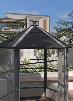 69" Wooden Hexagonal Outdoor Aviary Flight Bird Cage With Covered Roof, Light Gray
