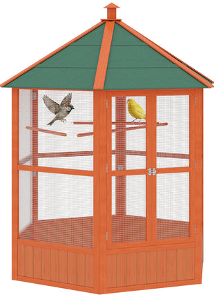 69" Wooden Hexagonal Outdoor Aviary Flight Bird Cage With Covered Roof, Brown