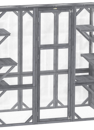Large Wooden Catio Outdoor with 6 Jumping Platforms, Weatherproof Roof, for 1-3 Cats, 59" x 28" x 60", Gray