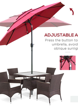 9FT 3 Tiers Patio Umbrella Outdoor Market Umbrella with Crank, Push Button Tilt for Deck, Backyard and Lawn, Wine Red