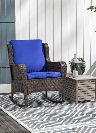 Outdoor Wicker Rocking Chair, Rattan Rocker with Cushions, Steel Frame for Patio, Garden, Backyard, Dark Blue