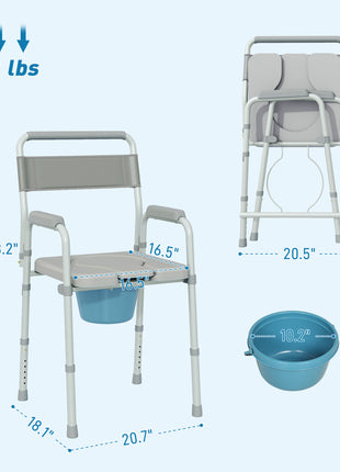 Bedside Commode Chair for Seniors, Adults, Handicap, Raised Toilet Seat with Arm, Adjustable Height, 331 lbs, Gray
