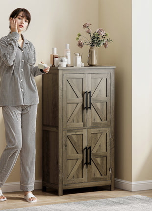 Bathroom Floor Storage Cabinet, Farmhouse Bathroom Cabinet with 4 Doors and Adjustable Shelf, Brown