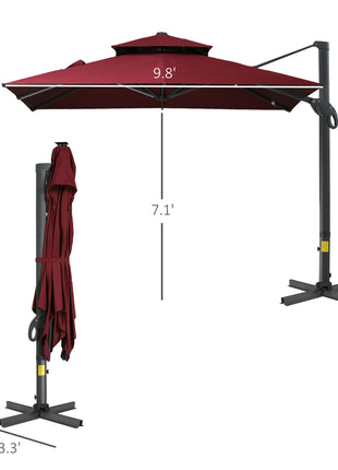 10ft Offset Patio Umbrella, Hanging Cantilever Umbrella, Square Shape, Aluminum Cross Base, Tilt, 360-Degree Rotation, Red