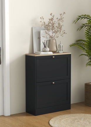 Slim Shoe Storage Cabinet, Modern Shoe Cabinet with 2 Flip Drawers and Adjustable Shelves for 8-12 Pairs, Black