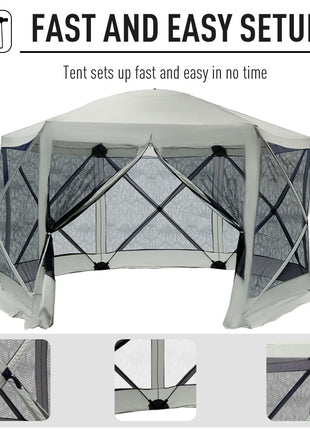 6-Sided Hexagon Pop Up Party Tent Gazebo with Mesh Netting Walls & Shaded Interior, 12' x 12', Beige