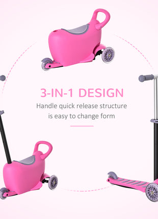 3-in-1 Ride On Push Car, Kids Scooter, Sliding Walker, Push Rider, with Adjustable Handlebar, 3 Balanced Wheels, Removable Storage Seat, for Boys and Girls Aged 2-6 Years Olds, Pink