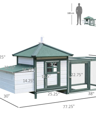77" Wooden Chicken Coop Hen House Poultry Cage with Weatherproof Roof, Nesting Box, Enclosed Run and Removable Tray for Outdoor Backyard, Green