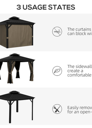 10' x 10' Hardtop Gazebo, Pavilion Gazebo with Curtains, Nettings, Aluminum Frame, Hooks, for Garden, Patio, Dark Brown