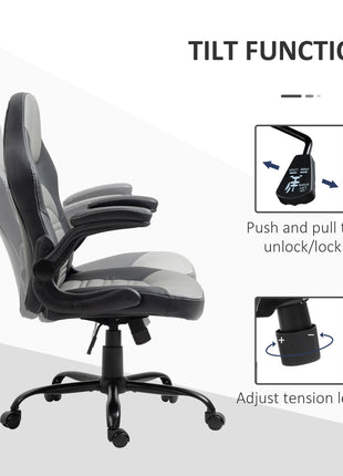 PU Leather Gaming Chair with Flip-up Armrests, Racing Style Computer Chair, Height Adjustable Home Office Chair with Swivel Wheels and Tilt Function, Gray