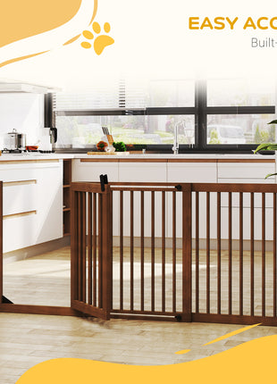 Freestanding Length Adjustable Wooden Pet Gate with Lockable Door 3 Panels, Brown