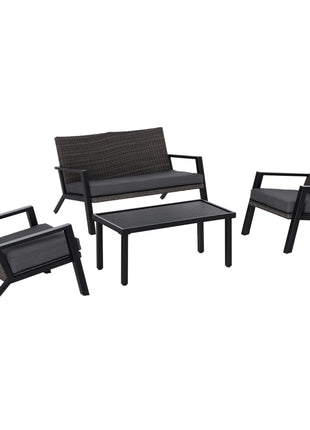 4 Piece Patio Furniture Set, 2 PE Wicker Chairs, Loveseat Sofa, Outdoor Coffee Table, Soft Cushions, Couch & Armchairs for Backyard, Garden, Black