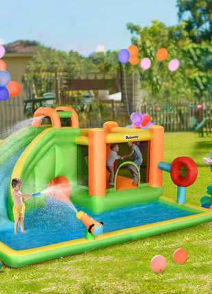 7-in-1 Inflatable Water Slide, Kids Castle Bounce House Includes Slide, trampoline, Pool, Water Cannon, Ball-target, Boxing Post, Tunnel with Carry Bag, Repair Patches, 750W Air Blower