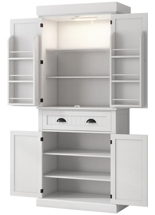 71" Kitchen Pantry Cabinet with LED Lights, 6 Door Shelves, a Drawer and 4 Adjustable Shelves, White