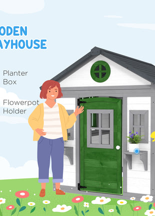 Wooden Playhouse for Kids Outdoor with Doors, Windows, Planter Pots and Boxes for Toddlers 3-8 Years, White