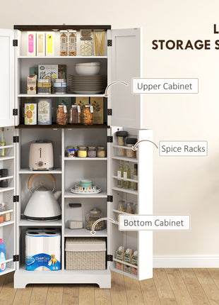 64" Tall Kitchen Pantry Cabinet with Motion Sensor Light, Spice Racks and Adjustable Shelves, White