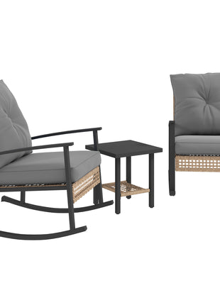 3 Pieces Bistro Set, Patio Wicker Furniture Set with Button Tufted Cushions, Rattan Rocking Chairs, Coffee Table, Gray